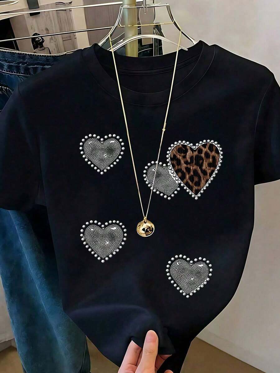 Respirable Playera Blanca de Mujer con Gráfico de 4 Corazones Rojos de Brillo y Borde Plateado, Camiseta de Estilo Aesthetic Brillante Manga Corta, Top Romántico y Femenino, Blusa Casual de Moda, ropa de calor mujer - Negro 2 - Ver 1