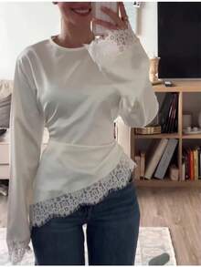 Nouveau T-shirt à manches longues avec patchwork en dentelle, convient pour les rendez-vous, les vacances et le port quotidien au printemps/été - Beige - Voir 11