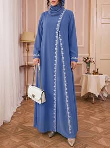 Áo Abaya tay dài cổ tròn viền ren hoa trang nhã dành cho nữ, thích hợp cho dịp Eid và mùa xuân. - Màu xanh lam - Xem 1