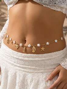1 pieza Cadena de cintura con decoración de perla, estrella de mar y pez, estilo de vacaciones de verano, adecuada para vacaciones en la playa, citas, uso en fiestas, regalo para novia, madre, amigas - Dorado - Ver 2