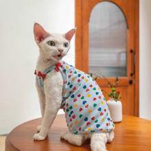Lightweight Breathable Pet Cat Clothes, Sleeveless Harness With Heart & Bow Print, Suitable For Sphynx Cats In Summer - Blue - View 11