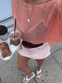 Plus Size Sheer Sequin Fringe Hem Off-Shoulder Loose Sweater, Suitable For Spring, Summer, Autumn, Casual Beach Vacation - Pink - View 1