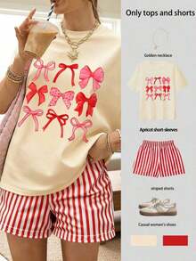 2 piezas Conjunto casual de mujer con camiseta con estampado de leopardo y lazo decorativo + shorts a rayas - Rojo - Ver 1