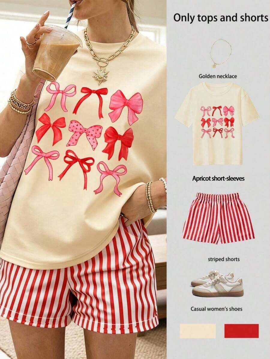2 piezas Conjunto casual de mujer con camiseta con estampado de leopardo y lazo decorativo + shorts a rayas - Rojo - Ver 1