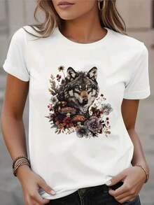 Camiseta Casual para Mujer con Cuello Redondo y Diseño Artístico de Lobo y Flores - Tela Suave y Elástica, Manga Corta, Top de Moda para Todas las Temporadas, Primavera y Verano, Camiseta de Moda de Primavera con Estampado Floral, Camisa de Tela Suave, 100% Algodón, Duradera - Blanco - Ver 1