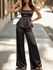 Conjunto de 2 piezas de mujer con top de tirantes y pantalón de pierna ancha, de estilo vintage elegante y versátil con estampado de lunares azules, adecuado para primavera/verano, fiestas retro, bodas, brunch, uso casual, aeropuerto y uso diario - Marrón Chocolate - Ver 5