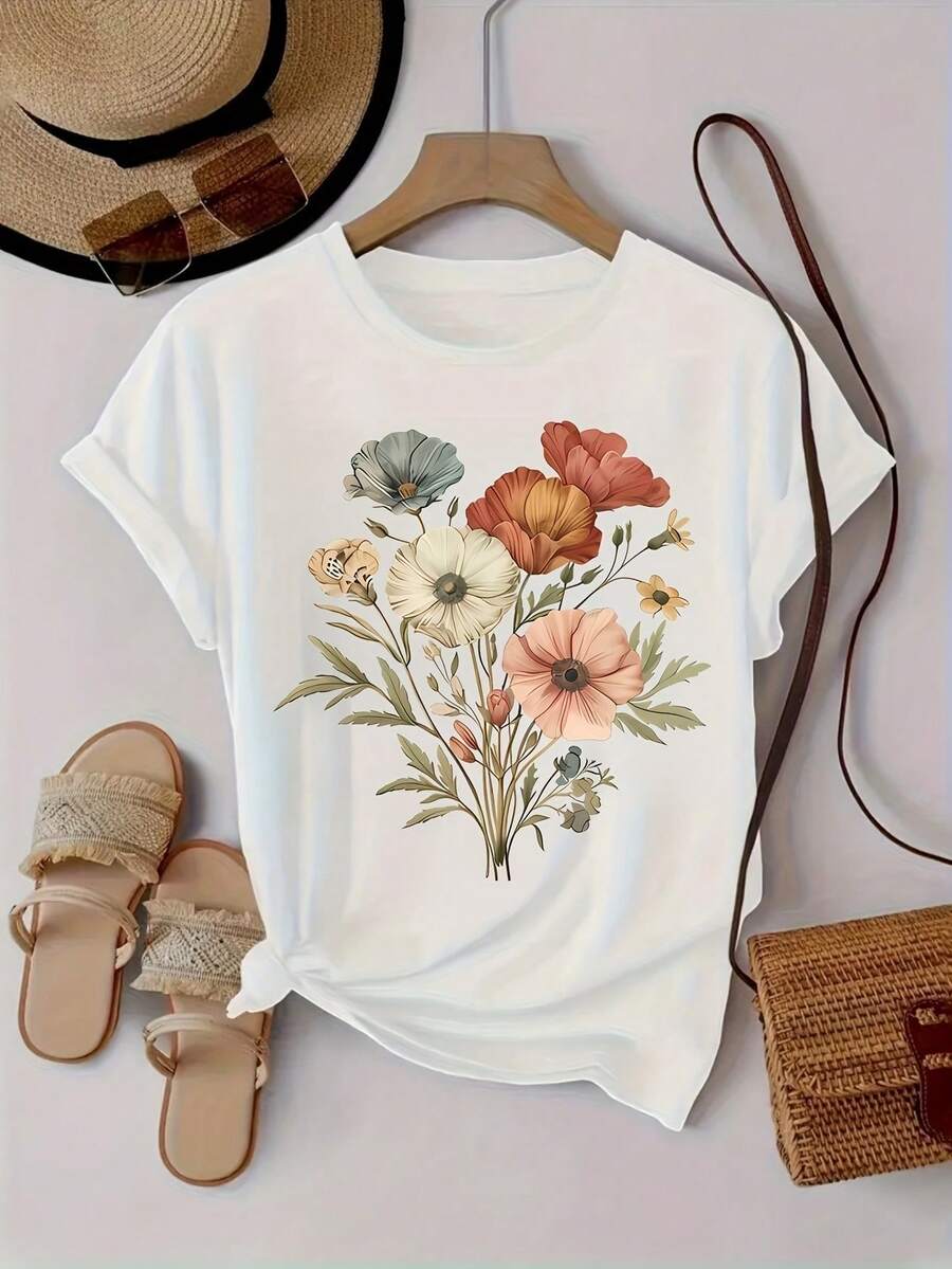 Camiseta de mujer con estampado de letras y anime a la moda, cuello redondo, de algodón puro, diseño sencillo, cómoda y transpirable, adecuada para el uso diario informal, que muestra un estilo natural y elegante, imprescindible para fiestas de verano, envío local. Camisetas para Mujer. - Blanco - Ver 1
