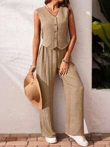 Frenchy Set de 2 piezas para mujer de top sin mangas y pantalones de estilo casual con un solo botón, para verano - Caqui - Ver 4