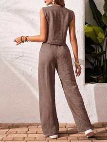 Frenchy Set de 2 piezas para mujer de top sin mangas y pantalones de estilo casual con un solo botón, para verano - Café integral 2 - Ver 2