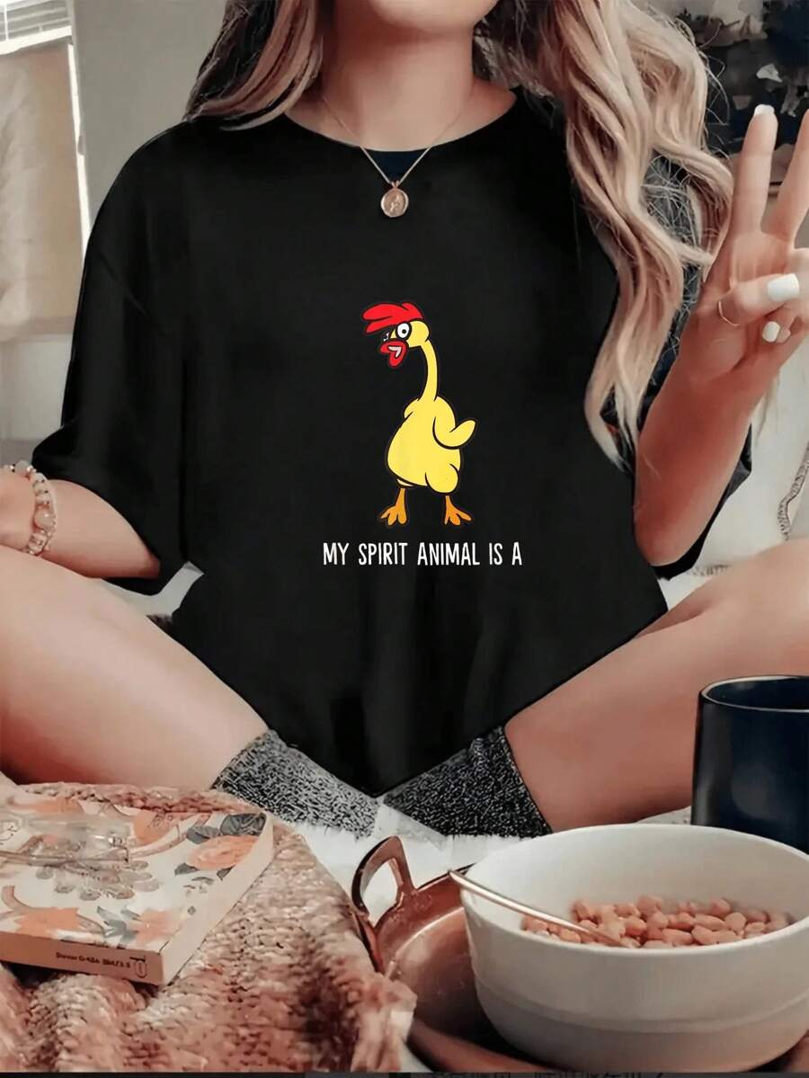 Women's Casual T-Shirt, White, With Cartoon Chicken Print, Graphic T-Shirt With The Phrase "My Spirit Animal Is", Summer Top For Urban Wear, Women's Cotton T-Shirt, Breathable And Sweat-Absorbent, Summer Short Sleeve - 黑色 - 查看 1