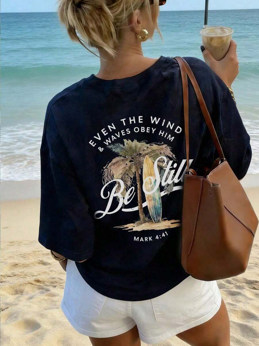Camiseta de manga corta de cuello redondo blanca con estampado de olas de surf de moda y versátil para mujer, nueva y sencilla para el verano - Azul oscuro - Ver 1