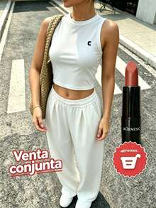 Conjunto de top corto de cuello redondo y pantalón de pierna recta suelto y casual para mujer, adecuado para el verano y el uso diario, con estampado de logo de caballo - Blanco - Ver 1