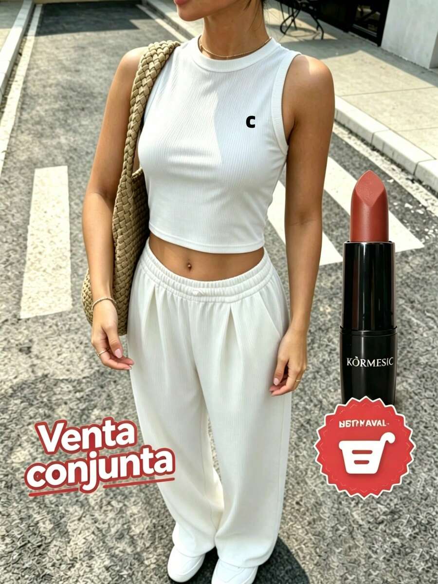 Conjunto de top corto de cuello redondo y pantalón de pierna recta suelto y casual para mujer, adecuado para el verano y el uso diario, con estampado de logo de caballo - Blanco - Ver 1