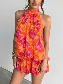 casual de verano para mujer con cuello halter, unicolor y volantes en el bajo - Naranja 2 - Ver 6