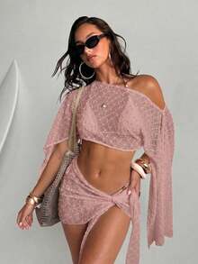 Conjunto de 2 piezas de mujer para primavera/verano con textura de jacquard, blusa tipo chal y minifalda de estilo envolvente, ropa de playa/resort para mujer - Rosa vieja - Ver 5