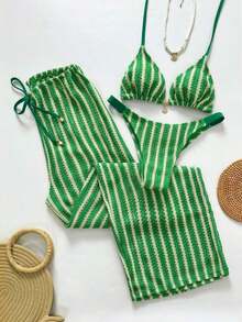 Swim Chiccia Conjunto de bikini a rayas sexy para mujer con pantalones, nueva llegada de trajes de baño para mujer 2026, adecuado para la escuela, vacaciones, citas, té de la tarde, estilo occidental, cruceros, playa, isla, viajes por carretera, todas las estaciones, festivales de música, vacaciones bohemias, vacaciones bohemias, otoño relajado, estilo occidental bohemio, blusas elegantes para mujer - Verde - Ver 11