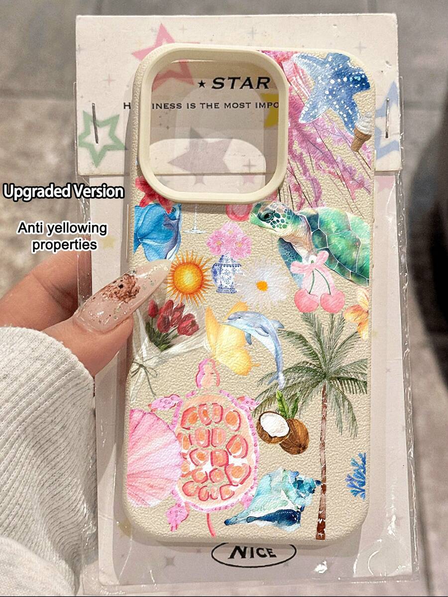 1個可愛復古時尚扶桑花與椰子樹插圖荔枝紋理防摔防滑軟手機殼,相容於Apple手機 - 彩色 - 查看 1