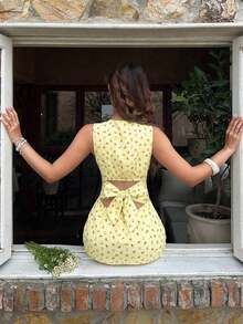 Vestido sin mangas tejido con espalda descubierta para mujer en color marrón - Amarillo - Ver 2