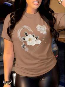 Short-Sleeved T-Shirt With Heart With Flower Print - 全穀類咖啡 - 查看 4