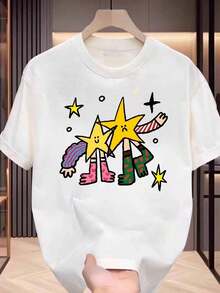 Unisex Summer Short-Sleeved T-Shirt With Creative Star Siblings Print, Men's Top. Suitable For Spring, Summer And Autumn. - 白色 - 查看 7