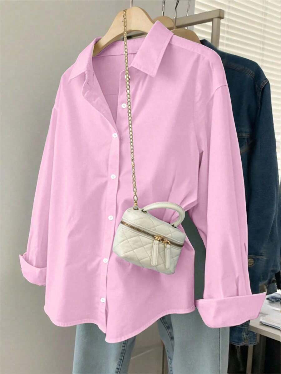 Camisa de mujer de manga larga, de unicolor, versátil y casual, holgada - Rosa - Ver 1