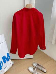 Camisa de mujer de manga larga, de unicolor, versátil y casual, holgada - Rojo - Ver 2