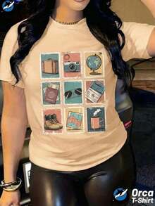 Camiseta suave 100% algodón para mujer, estilo casual de viaje, manga corta, cuello redondo, transpirable, combina con todo, genial. - Albaricoque - Ver 3