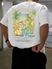 Men's Italian Coastal Style T-Shirt - Soft, Breathable, Loose Fit With Vintage Positano Lemon Print, Italian Travel Wear For Italy Enthusiasts, Ideal Beach Vacation Gift And Casual Wear, Comfortable Tee With A Durable Italian Design. Summer - White - View 6