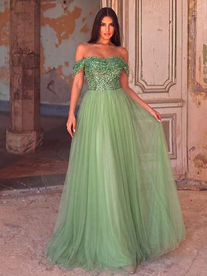 Faeriesty Glamouröses Off-Shoulder Pailletten-Korsett mit kontrastierendem transparentem Rocksaum, Ballkleid, Hochzeitskleid, Abendkleid, geeignet für Hochzeitsgäste, Abschlussfeier, Galadinner und andere Anlässe