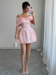 Minifalda de mujer con cuello con lazo y tela de jacquard para primavera/verano con hombros descubiertos - Rosa - Ver 4