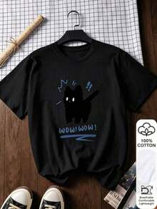 Fashionable Women's T-Shirt, 100% Cotton, In Black And White, With Letter And Pattern Print Designs. Short-Sleeved Style | The Perfect Garment For This Summer! Ideal Fit, Comfortable And Stylish. Premium Quality | Very Suitable For Everyday Wear, Travel, The Beach, University, And Temporary Jobs; Breathable And Versatile. - 黑色 - 查看 5