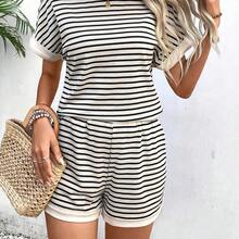 Women's Summer Striped Round Neck Batwing Sleeve Top And Shorts Casual 2-Piece Set - Azul Marino - Ver 7