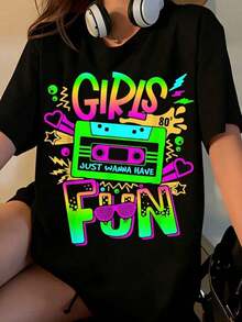 1 Piece Women's T-Shirt With 80s Retro Design "Girls Just Wanna Have Fun" With Neon Tape Print, For Parties, Summer Casual Wear, Vintage Outfit For Music Festivals, 180g 100% Cotton - 黑色 - 查看 7