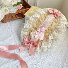LOLITA 田園風多色可愛花卉蕾絲蝴蝶結平頂草帽，Lolita髮飾，春夏秋冬四季森系Lolita髮飾，編織防曬裝飾帽，優雅蕾絲服裝搭配頭飾 - A - 查看 7