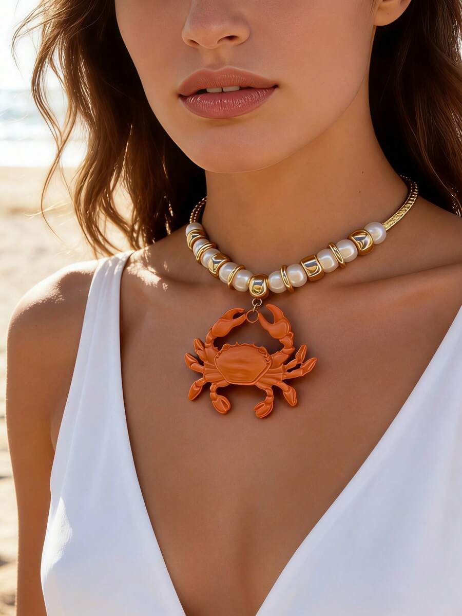 1pc Women's Beach Ocean Style Necklace, White Braided Rope With Beaded Crab Pendant, Suitable For Daily Wear And Vacation - Multicolor - View 1