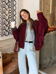 Chaqueta bomber de ante de moda para mujer SHIBASHAN, chaqueta exterior holgada con cremallera, de manga larga y cuello vintage - Burdeos - Ver 1