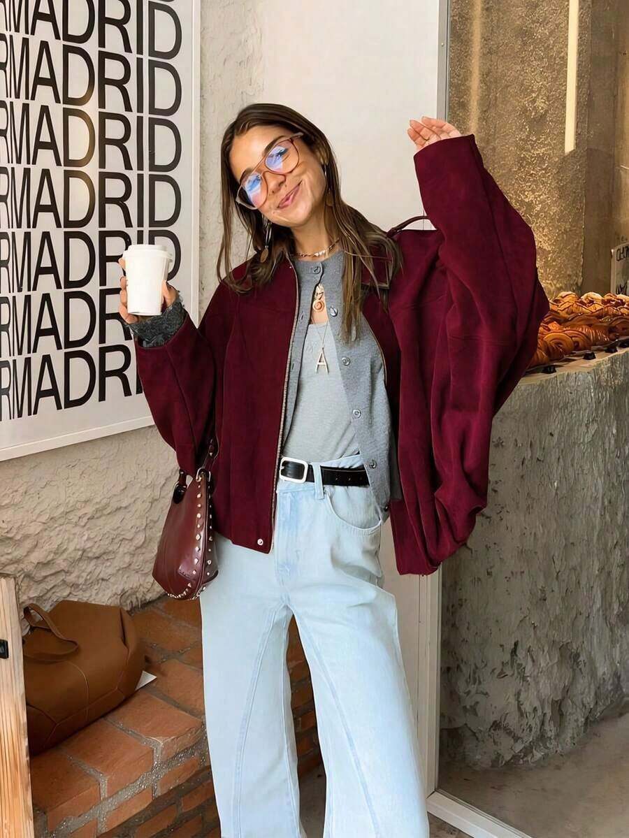 Chaqueta bomber de ante de moda para mujer SHIBASHAN, chaqueta exterior holgada con cremallera, de manga larga y cuello vintage - Burdeos - Ver 1