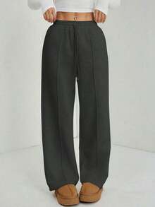 Pantalón de chándal de pierna recta con detalle de guijarro para mujer, mezcla de algodón cómoda - Gris Oscuro - Ver 4