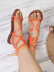 Sandal đế bằng cao cổ khoét rỗng đính đinh tán dành cho nữ, kiểu dáng thanh lịch, thời trang nghỉ dưỡng bãi biển, phong cách bohemian, gợi cảm, chất liệu da PU, đính đinh tán và khoét rỗng, thích hợp cho các bữa tiệc mùa hè. - trái cam - Xem 7