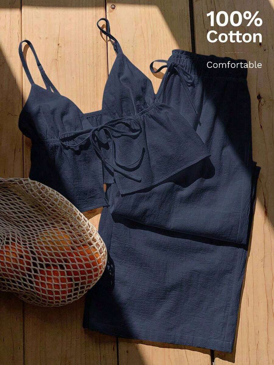 2 piezas Conjunto de camiseta de tirantes y pantalones largos de algodón y lino para mujer, conjunto de 2 piezas de algodón azul oscuro - Azul marino - Ver 1