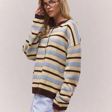 Oversized Button Through Drop Shoulder Knitted Stripe Jumper , , Old Money, Cute, Country, Cottage Core, Casual Lounge Cardigan For Women Butterscotch Work Office Winter Chic Spring Sweater Vacation - Multicolor - Ver 3