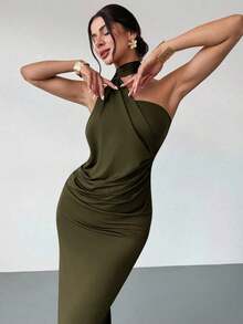 Vestido suelto con mangas acampanadas asimétricas de color marrón moca para mujer, vestido largo de moda, ropa de primavera/verano, adecuado para ir al trabajo, elegante, sexy, vacaciones, playa, estilo bohemio, Hawái, festivales de música, fiestas, atuendo de trabajo - Verde militar - Ver 3