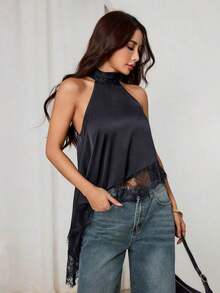 Top asimétrico de cuello alto con escote de halter y ribete de encaje para fiesta de noche, cóctel, formal, elegante, sin mangas para salida nocturna, boda, invitado, verano, otoño, hombros descubiertos - Negro - Ver 5