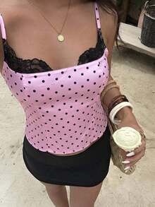 Camiseta ajustada con cuello de encaje negro, estampado de lunares blanco y negro para mujer - Rosa - Ver 3