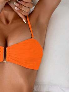 Swim Conjunto de bikini de verano para mujer de unicolor con pliegues y sexy - Naranja - Ver 5