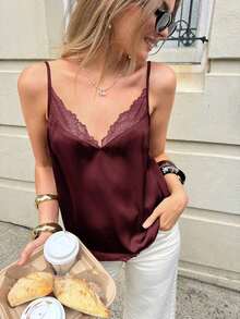 Top de camiseta sin mangas de uso diario versátil y casual con parches de encaje para mujer - Burdeos - Ver 4