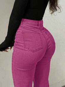 Pantalones vaqueros acampanados de talle alto con estilo Y2K, pantalones casuales elegantes de unicolor y elásticos para mujeres, moda callejera de mezclilla marrón para primavera - Rosa Fucsia - Ver 4