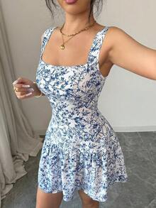 Vestido de línea A con volantes en la cintura con estampado floral diminuto en azul y blanco, cuello cuadrado para mujer.Vestidos de moda de verano para mujer, vestido mini, vestidos florales - Azul - Ver 4