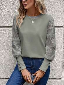Blusa de mujer con mangas de encaje floral, parches y tejido de gofre, color blanco - Verde militar - Ver 6