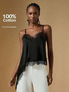 Camiseta de mujer de verano con encaje asimétrico, top blanco, regalo de San Valentín para mujeres, top elegante de mujer, top de verano, vacaciones de mujer, estilo de dinero antiguo / Top camisero de mujer con ribete de encaje de satén y cuello - Negro - Ver 8